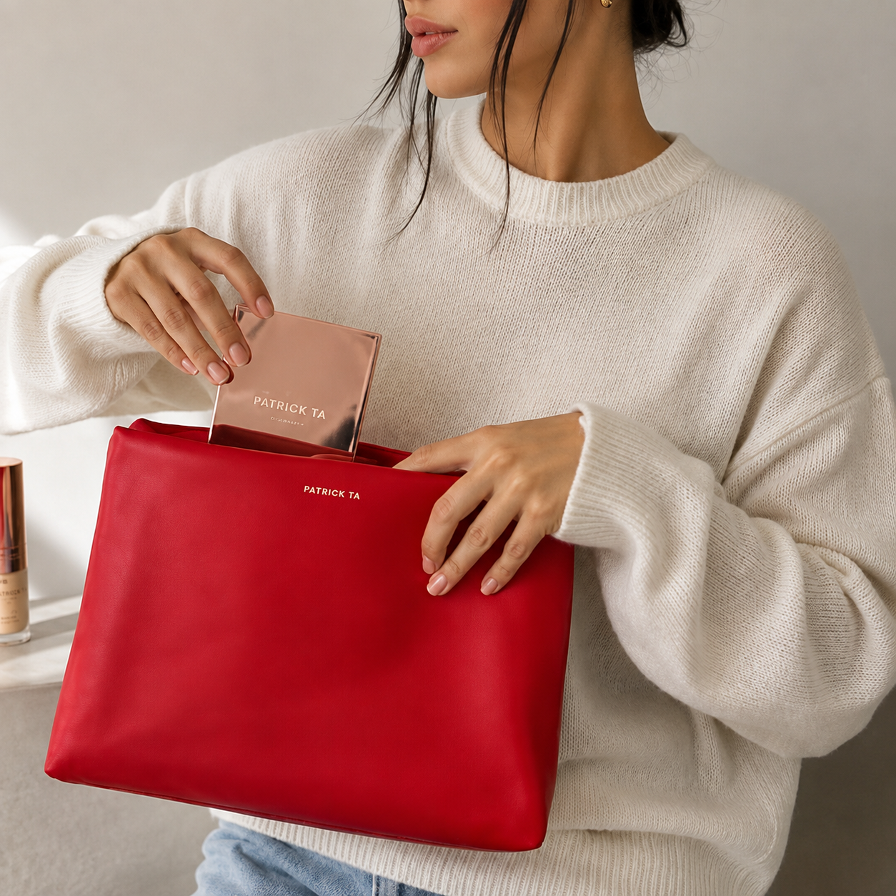 PATRICK TA - Red Leather Cosmetic Bag Pouch