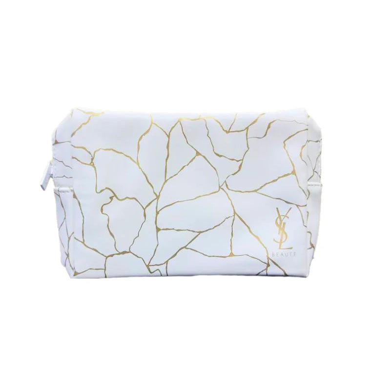 YSL BEAUTE - Makeup Bag Pouch with Zipper White with Gold Marble Design