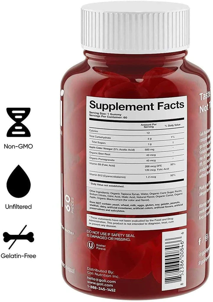 Goli - Apple Cider Vinegar Gummy Vitamins - Vitamins B9 & B12 | 60 gummies