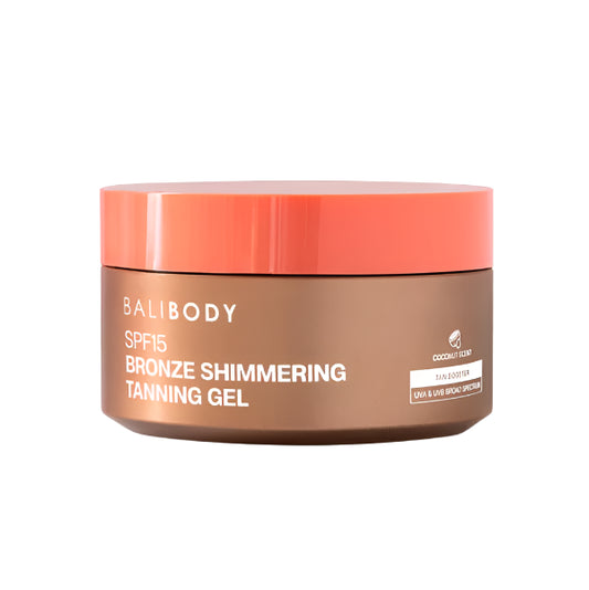 Jar of BaliBody bronze shimmering tanning gel on a white background