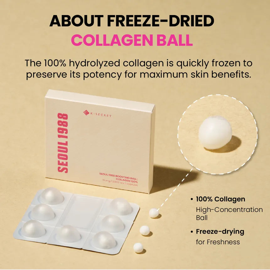 K-SECRET SEOUL 1988 - Collagen Boosting Ball – Freeze-Dried 100% Hydrolyzed Collagen | 35mg x 7 capsules