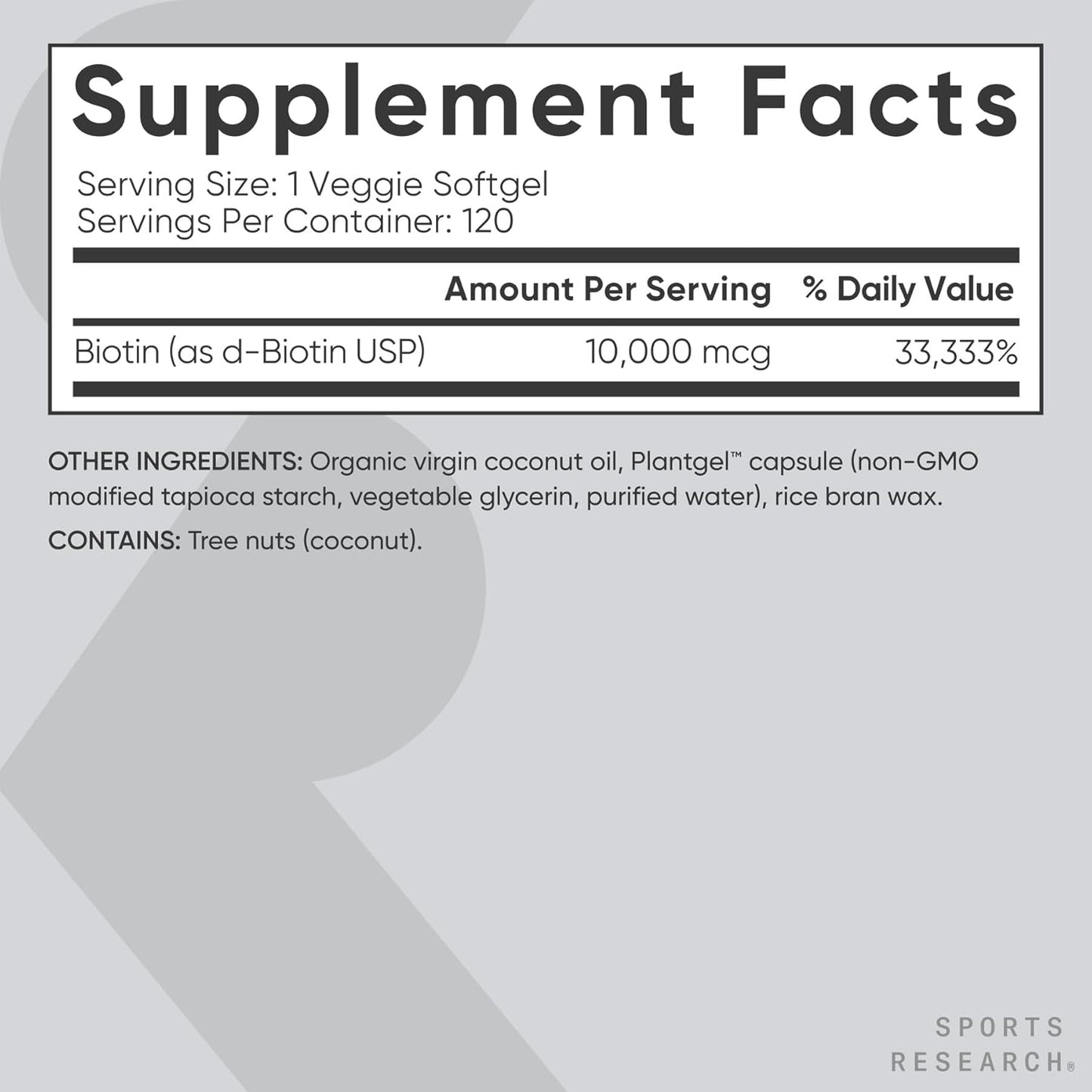 Sports Research - Biotin 10,000mcg with Organic Coconut Oil for Healthy Skin and Hair Support | 120 Softgels