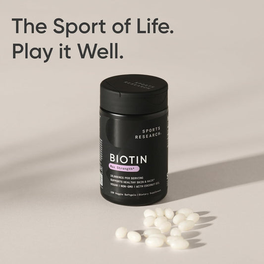 Sports Research - Biotin 10,000mcg with Organic Coconut Oil for Healthy Skin and Hair Support | 120 Softgels