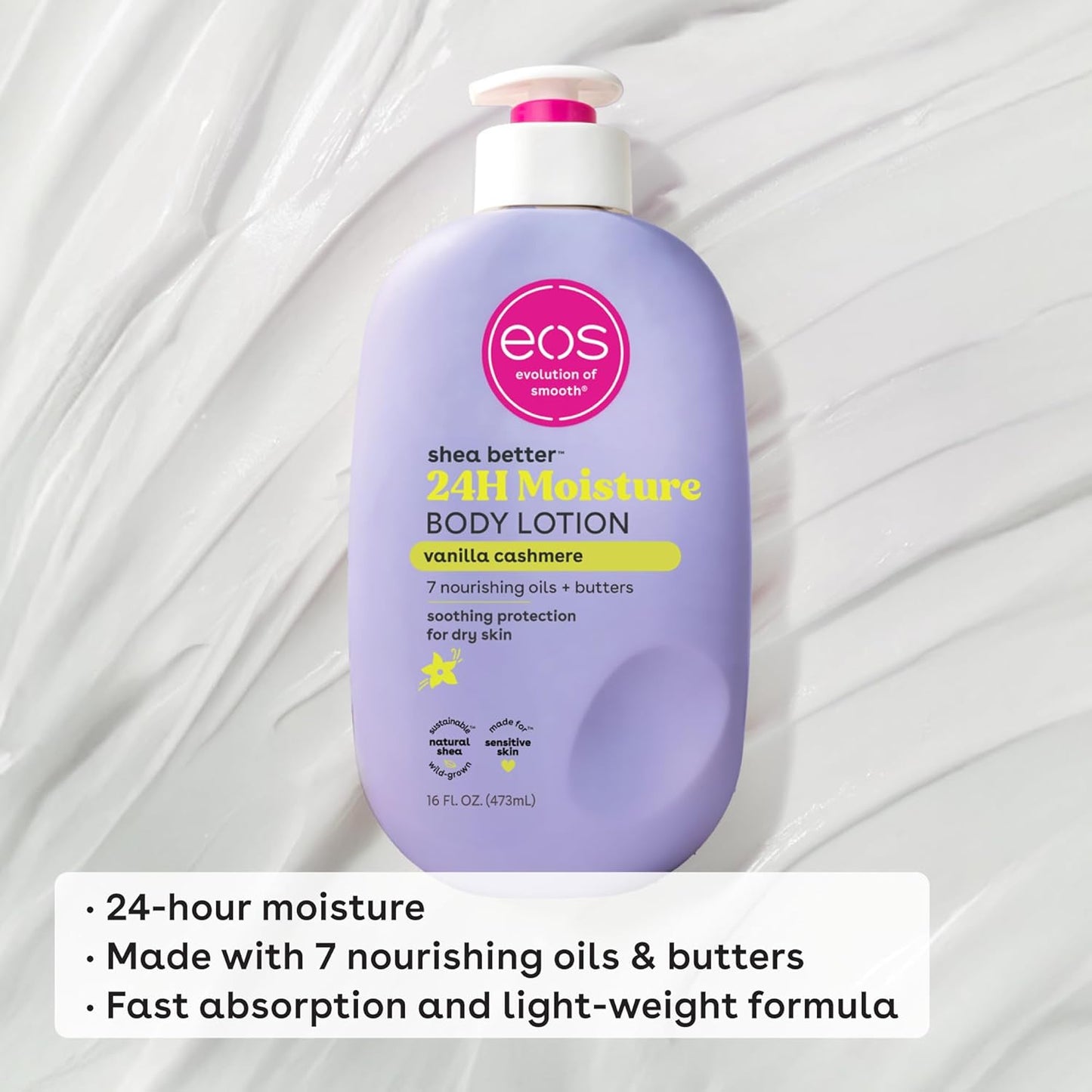 eos - shea better 24h moisture body lotion | vanilla cashmere | 473 ml
