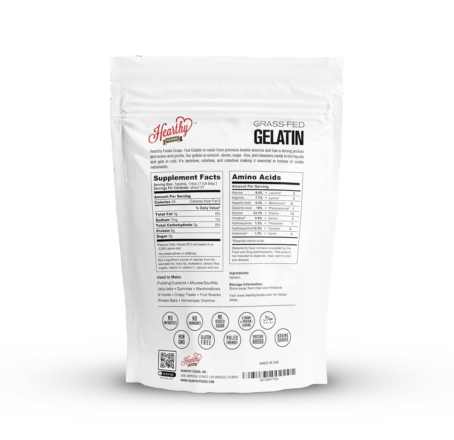 HEARTHY FOODS - GRASS-FED UNFLAVORED GELATIN PURE PROTEIN TYPE I & III