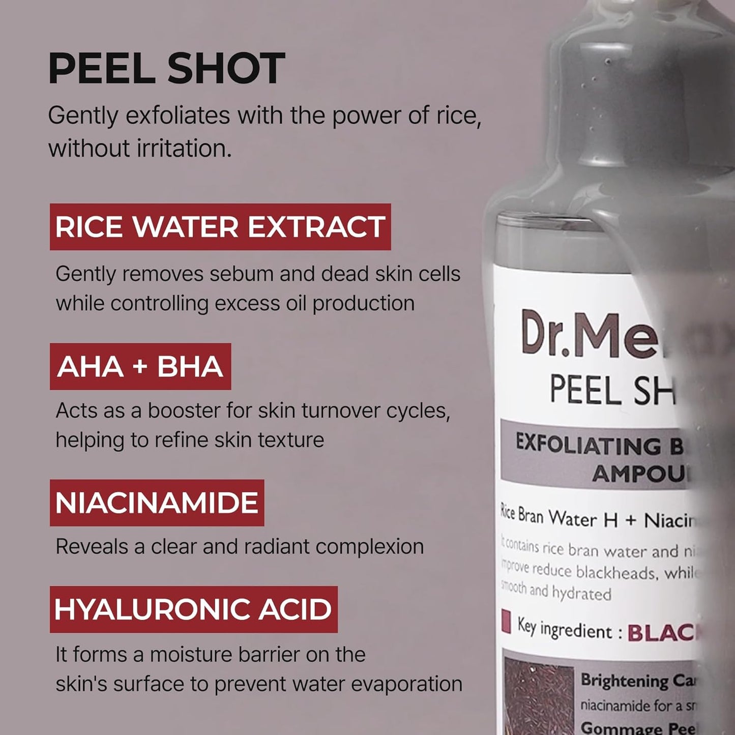 Dr.Melaxin - Peel Shot Glow Black Rice Peeling Ampoule with Rice Extract & AHA BHA | 80 mL