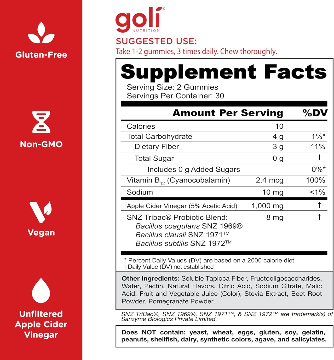 Goli - Apple Cider Vinegar Gummy Vitamins - Vitamins B9 & B12 | 60 gummies (ZERO SUGAR)