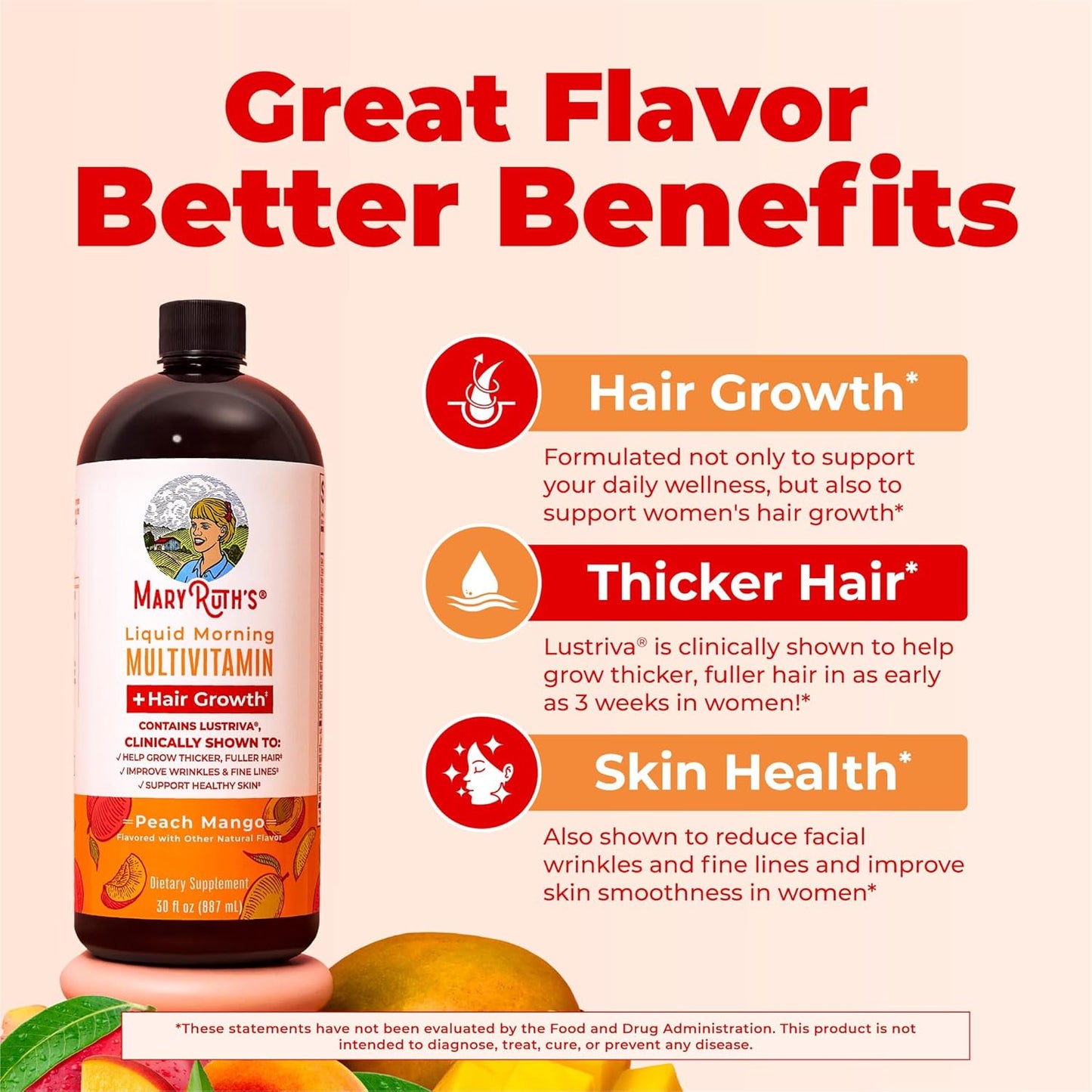 MARY RUTH'S - LIQUID MORNING MULTIVITAMIN + HAIR GROWTH | 887 ML | PEACH MANGO