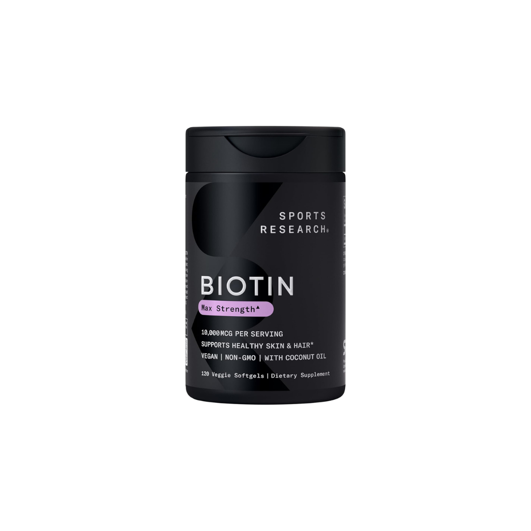 Sports Research - Biotin 10,000mcg with Organic Coconut Oil for Healthy Skin and Hair Support | 120 Softgels