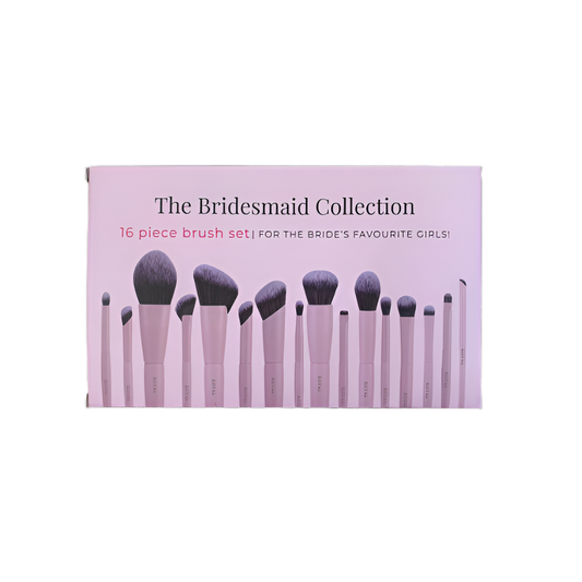 The Bridesmaid Collection 16-piece makeup brush set in its pink packaging box, featuring illustrations of the brushes on the front.