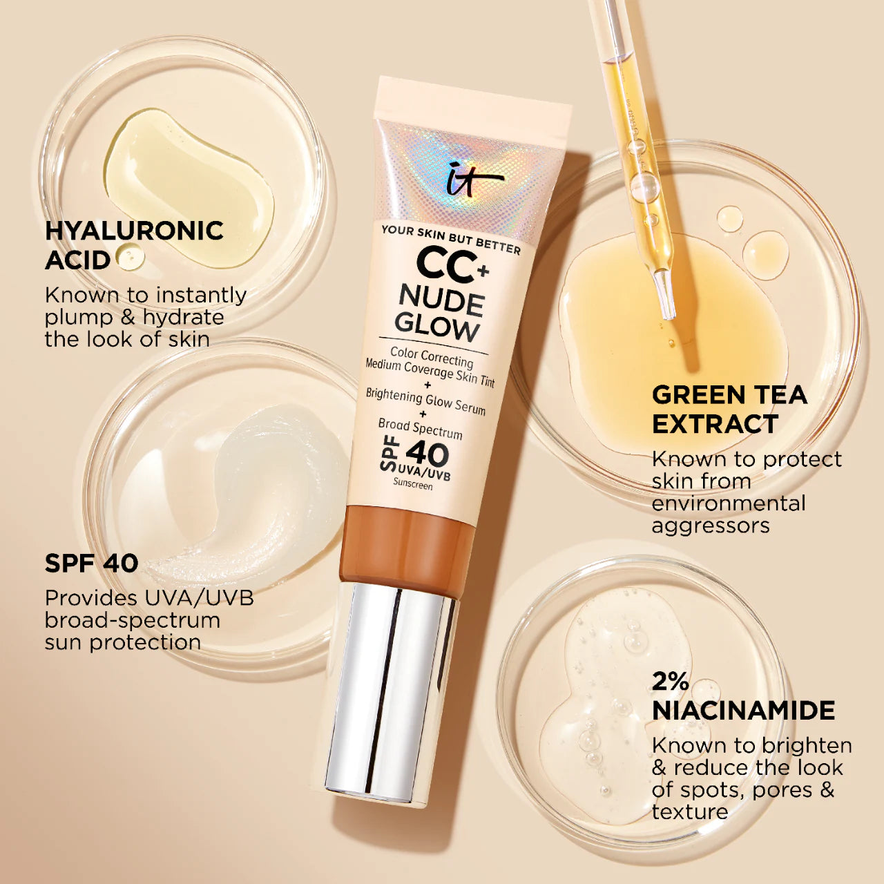 IT Cosmetics - CC+ Nude Glow Lightweight Foundation + Glow Serum with SPF 40 and Niacinamide