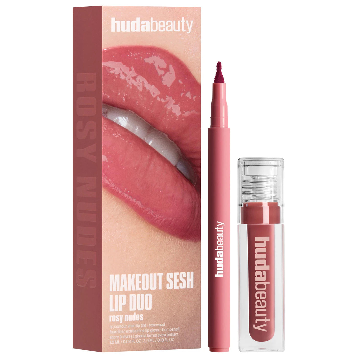 HUDA BEAUTY - Make Out Sesh Lip Stain and Lip Gloss Duos | Rosy Bombshell