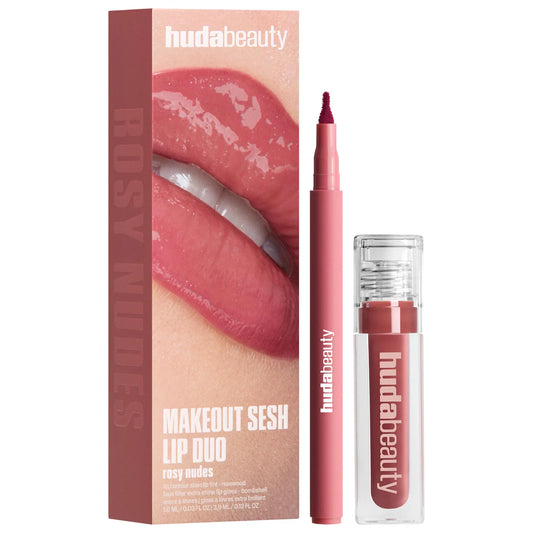 HUDA BEAUTY - Make Out Sesh Lip Stain and Lip Gloss Duos | Rosy Bombshell