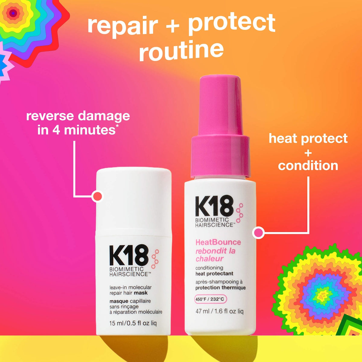 K18 Biomimetic Hairscience - Repair + Protect Mini Leave-In Molecular Repair Mask & HeatBounce Leave-In Conditioner Gift Set (2026-2027)