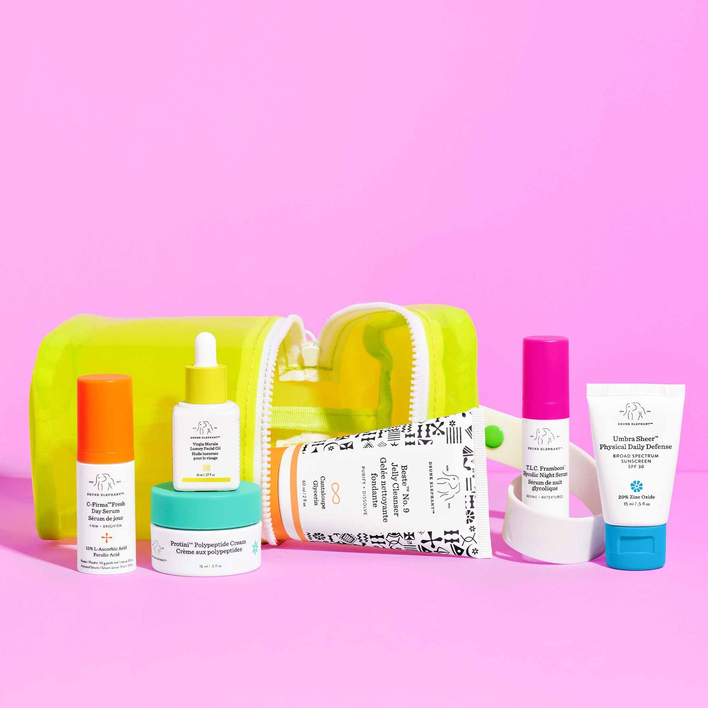Drunk Elephant The Littles 3.0 Kit. Travel Skin Care Essentials Bundle  w/Bag (Jelly Cleanser, SPF 30 Sunscreen, 3 Day & Night Serums, Facial Oil
